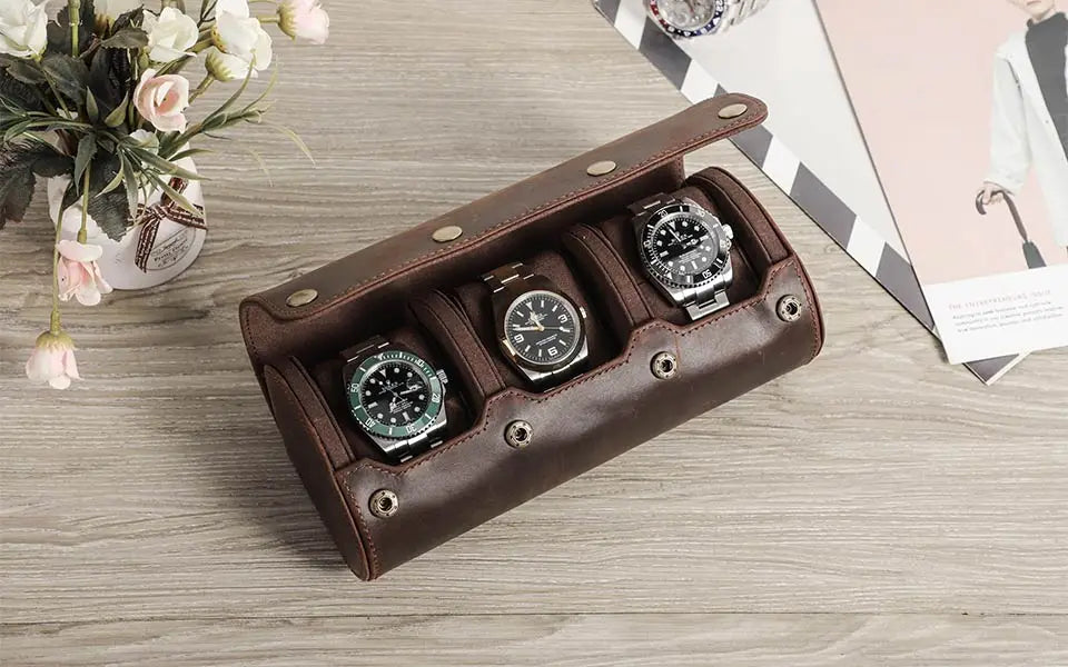 CONTACT'S FAMILY 3 Grids Genuine leather Watch box Men Watches Travel Storage and Packaging Wristwatch Case High Quality Gift