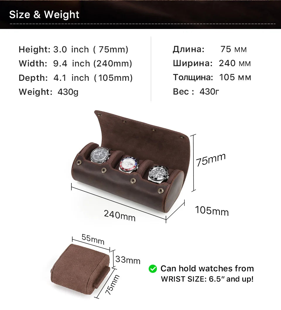 CONTACT'S FAMILY 3 Grids Genuine leather Watch box Men Watches Travel Storage and Packaging Wristwatch Case High Quality Gift