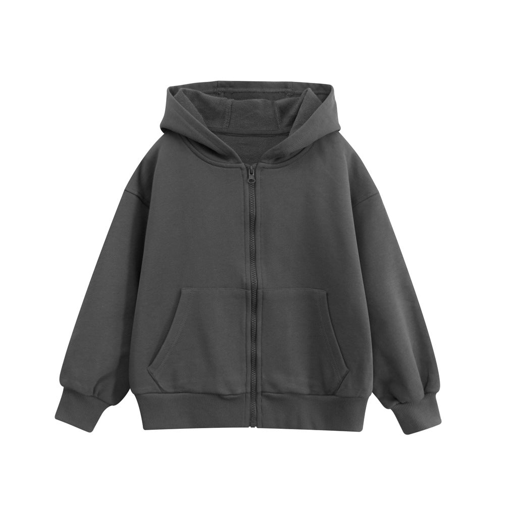Spring European and American Style Kids’ Outerwear: Solid Color Long Sleeves Zip-up Hooded Coat for Children