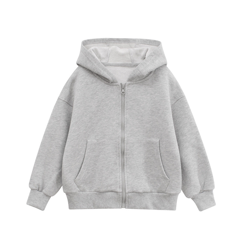 Spring European and American Style Kids’ Outerwear: Solid Color Long Sleeves Zip-up Hooded Coat for Children