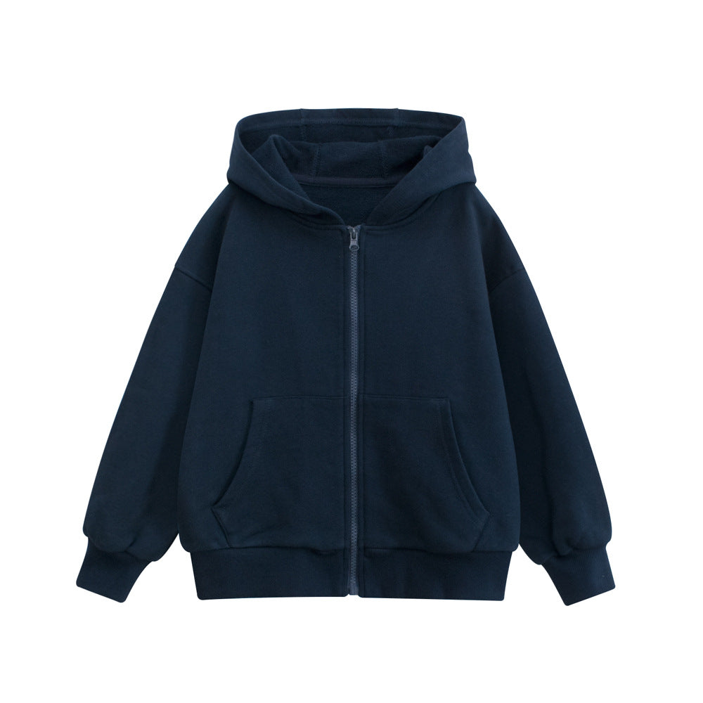 Spring European and American Style Kids’ Outerwear: Solid Color Long Sleeves Zip-up Hooded Coat for Children