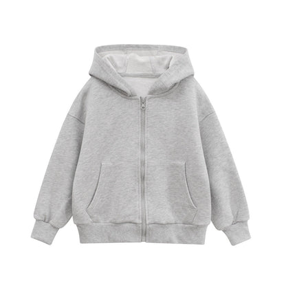 Spring European and American Style Kids’ Outerwear: Solid Color Long Sleeves Zip-up Hooded Coat for Children