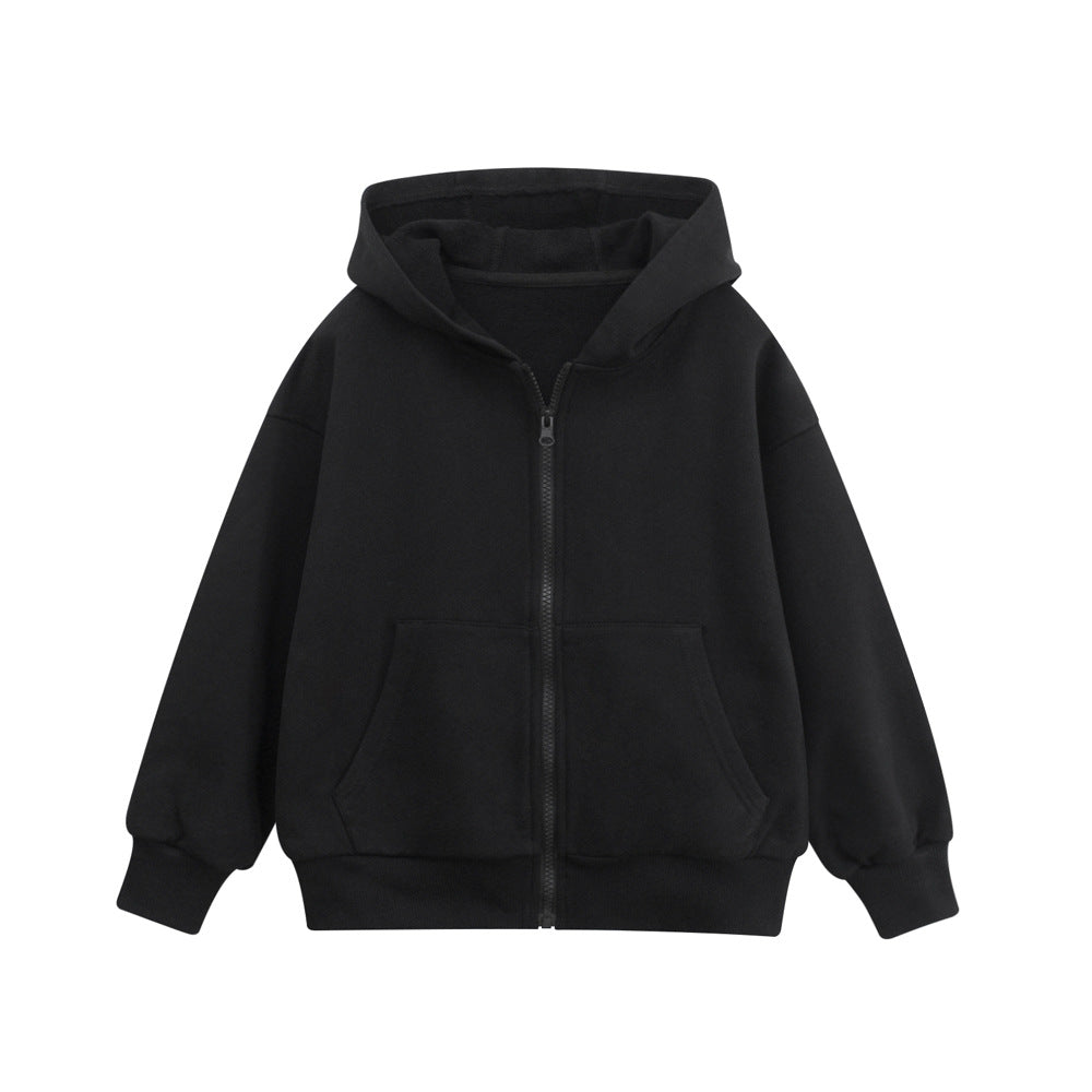 Spring European and American Style Kids’ Outerwear: Solid Color Long Sleeves Zip-up Hooded Coat for Children