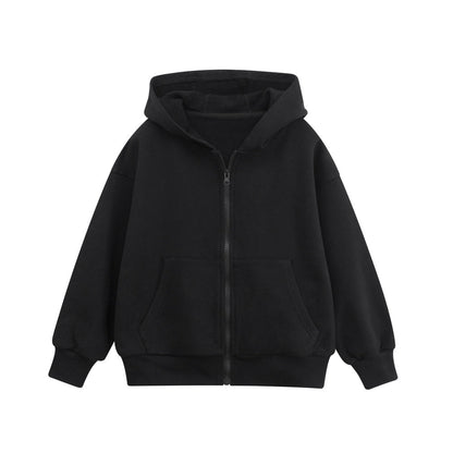 Spring European and American Style Kids’ Outerwear: Solid Color Long Sleeves Zip-up Hooded Coat for Children