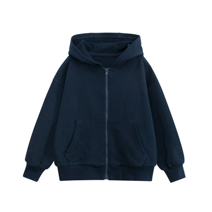 Spring European and American Style Kids’ Outerwear: Solid Color Long Sleeves Zip-up Hooded Coat for Children